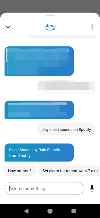 Asking Alexa to play music on Spotify via the Amazon Alexa app. 