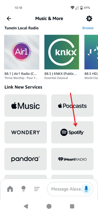 Tapping on Spotify in "Link New Services" in Amazon Alexa app. 