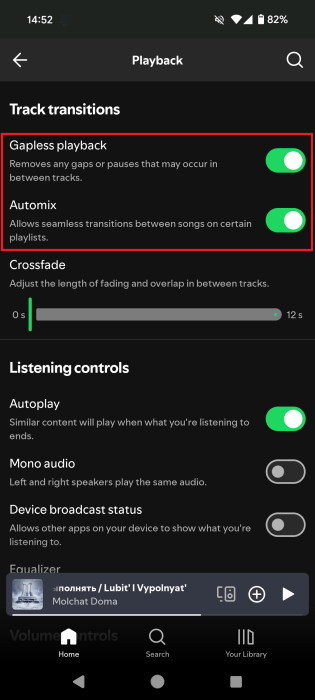 Enabling "Gapless playback" and "Automix" options in Spotify app. 