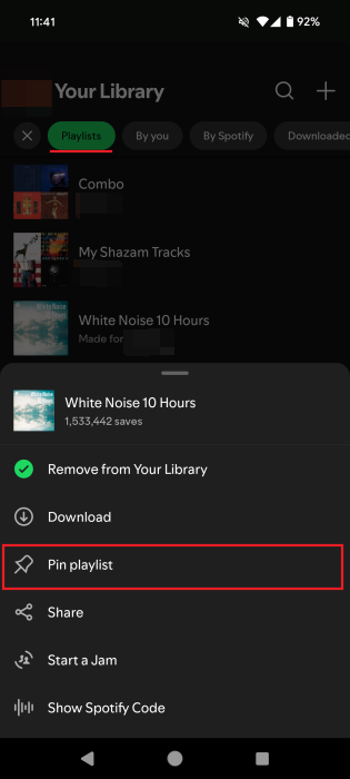 Selecting "Pin playlist" option in Spotify app.