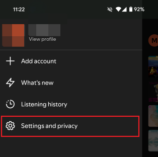 Selecting "Settings and privacy" option in Spotify app. 