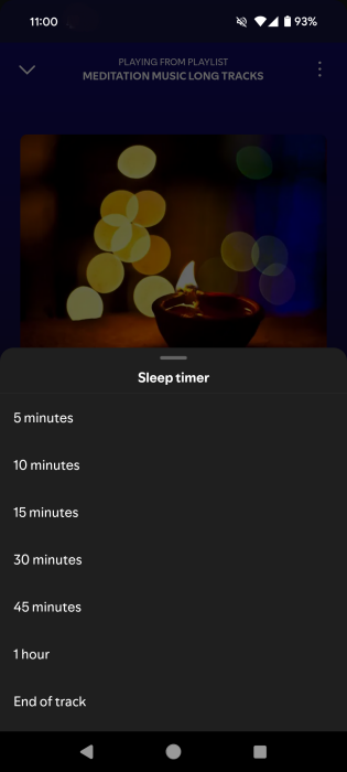Selecting a Sleep timer option in Spotify app. 