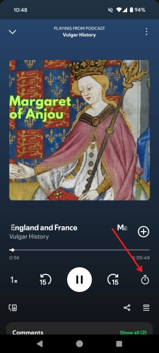 Tapping on Sleep Timer icon when podcast is playing in Spotify app via the Now Playing screen. 