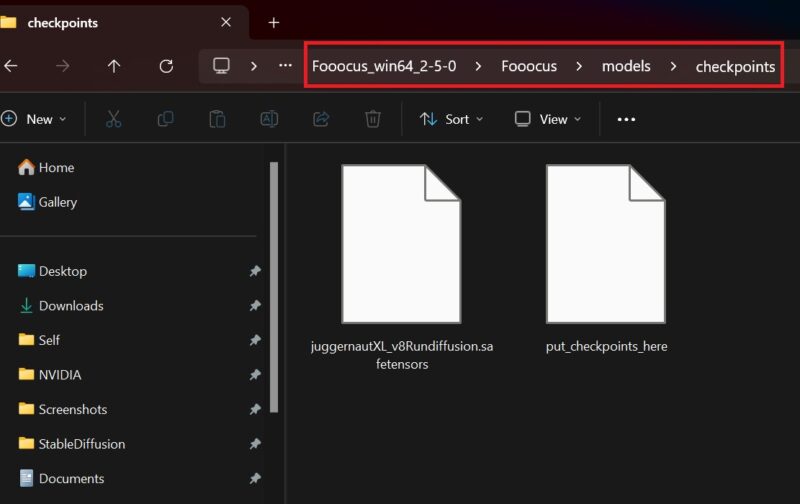 A Windows screenshot of the checkpoints folder in the Fooocus AI Image generator software's directory.