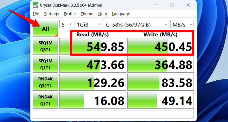CrystalDiskMark showing storage read and write readings