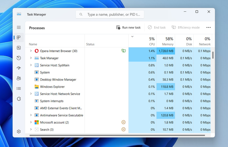 Task Manager with Windows 11 background