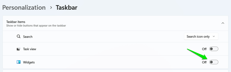 Taskbar settings page