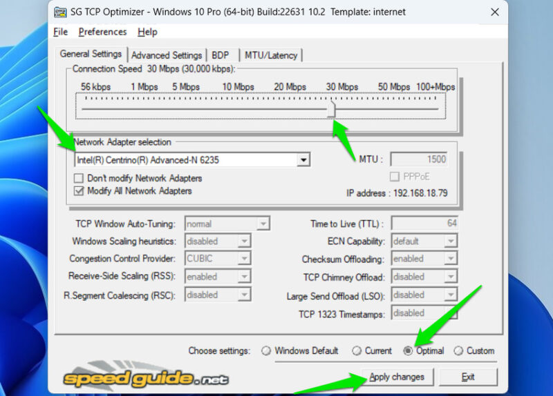 TCP Optimizer main interface