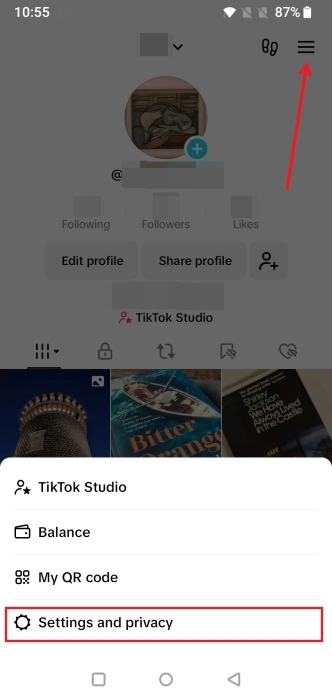 Selecting "Settings and privacy" option in TikTok app.