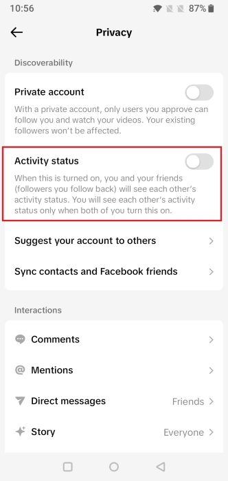 Turning off "Activity status" option in TikTok app.