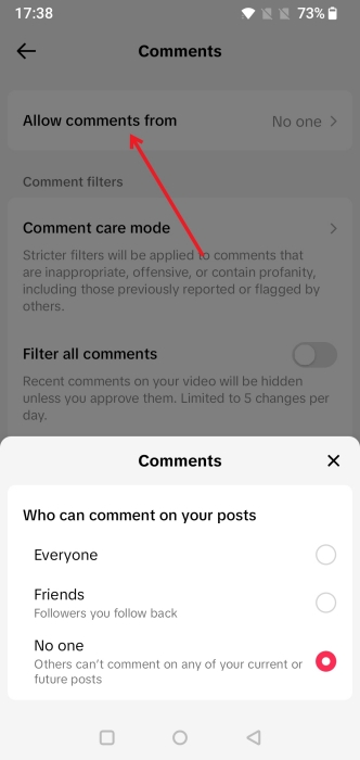 Pressing on "Allow comments from" option in TikTok Privacy settings.