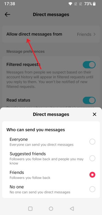 Pressing on "Allow direct messages from" in TikTok Privacy settings.
