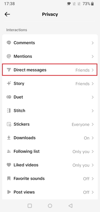 Tapping on "Direct messages" in TikTok Privacy menu.