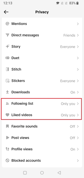 View of "Following list" and "Liked videos" options in TikTok Privacy menu.