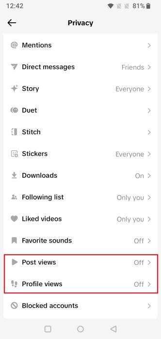 View of "Post views" and "Profile views" options in TikTok app.