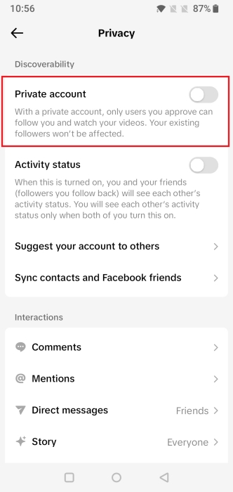 Turning on "Private account" option in TikTok app.