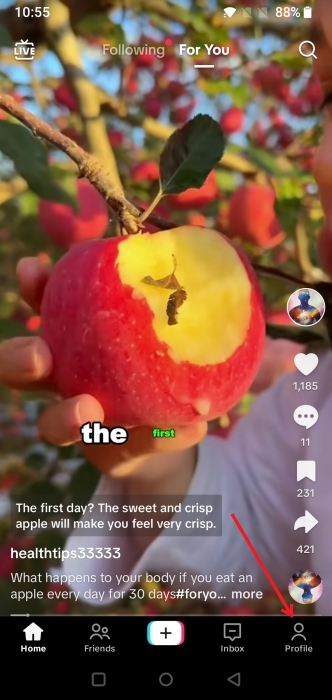 Pressing on "Profile" button in TikTok app.