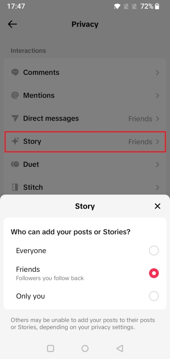 Selecting Story option from TikTok Privacy Settings.