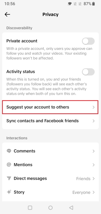 Tapping on "Suggest your account to others" in TikTok Settings.