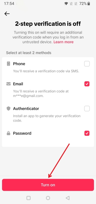Pressing "Turn on" button to start 2FA process in TikTok app.