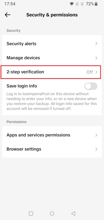 Pressing on the "2-step verification" option in TikTok settings.