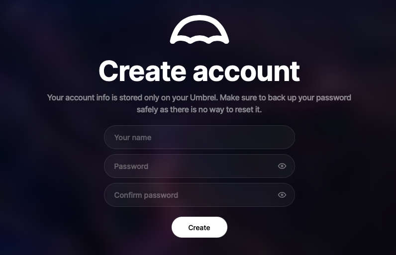 A screenshot showing the onboarding process for Umbrel.