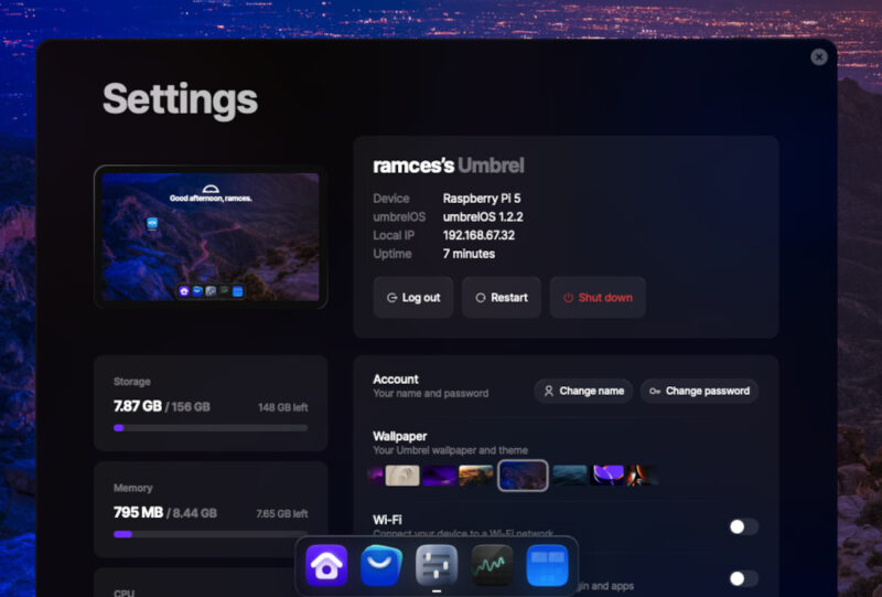 A screenshot showing the dashboard for Umbrel along with my Raspberry Pi's settings.