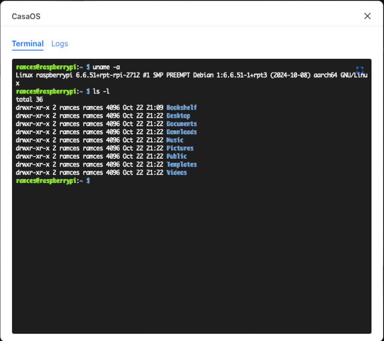 A screenshot showing the built-in terminal window for CasaOS.
