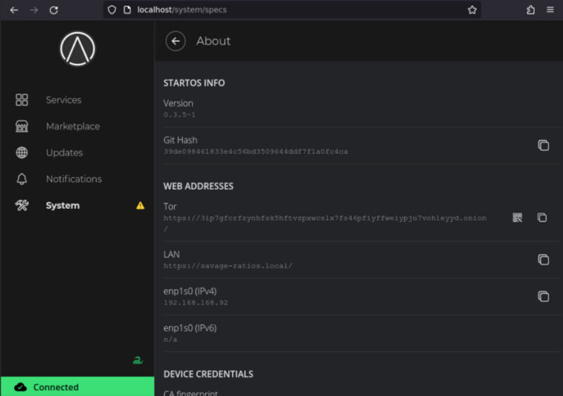 A screenshot showing a detailed info of StartOS running on my RHEL KVM.
