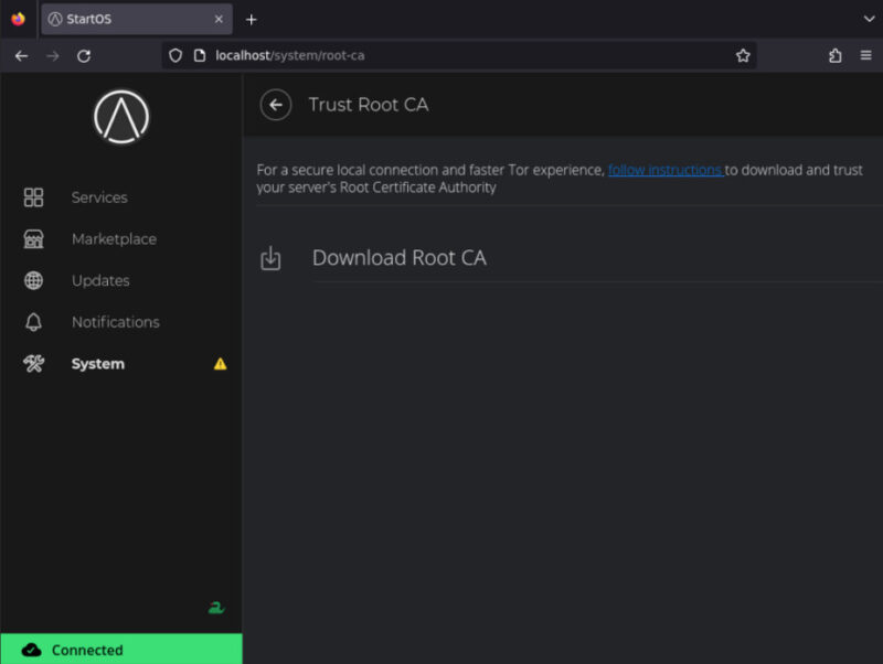 A screenshot of the settings window for StartOS' Root CA setup.