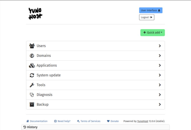 A screenshot showing the dashboard for Yunohost.