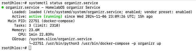 A terminal showing HomelabOS' systemctl service for its dashboard app.