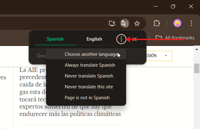 Selecting "Choose another language" in Chrome translation menu. 