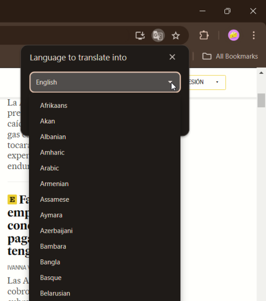 Some of the languages available for translation in Google Chrome. 