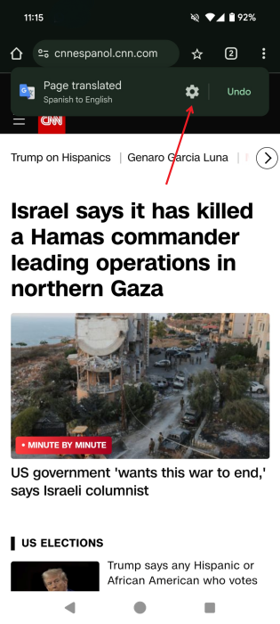 Tapping the gear icon in Page translated bar in Chrome app on Android.