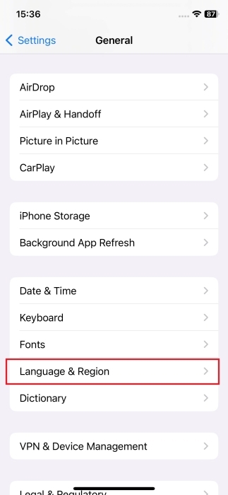 Selecting the "Language & Region" option via iPhone Settings. 