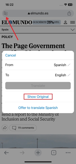 Tapping on "Show original" option in Google Chrome app for iPhone. 