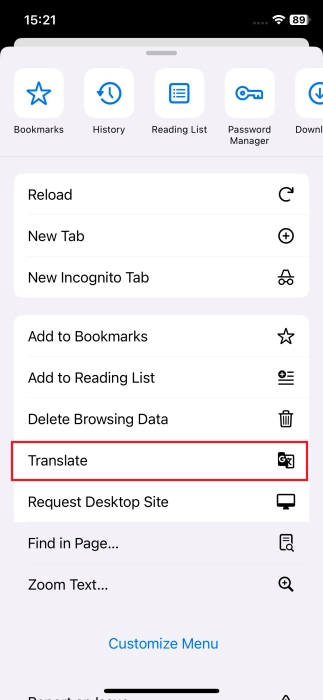 Tapping on "Translate" button in Google Chrome on iOS device.