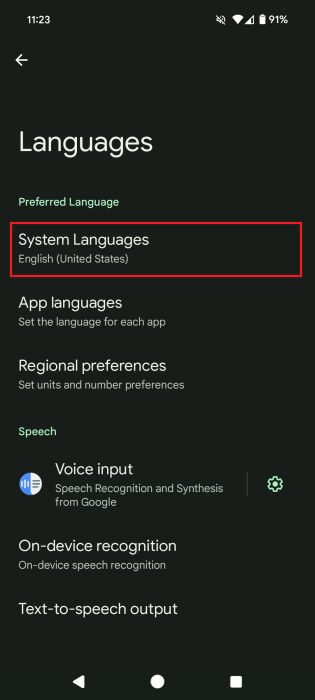 Selecting "System Languages" option in Android Settings. 