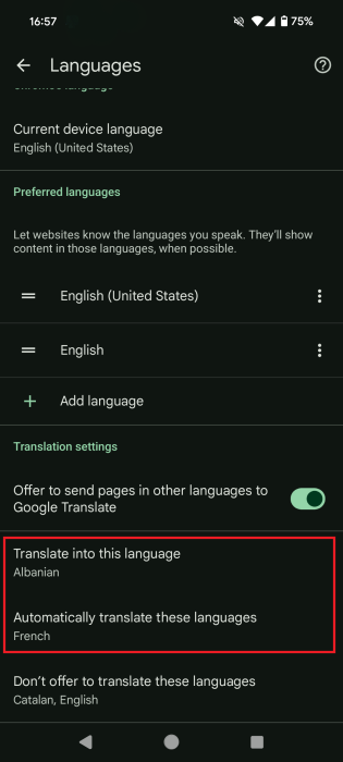 Changing options for "Translate into this language" and "Automatically translate these languages" in Chrome browser for Android. 