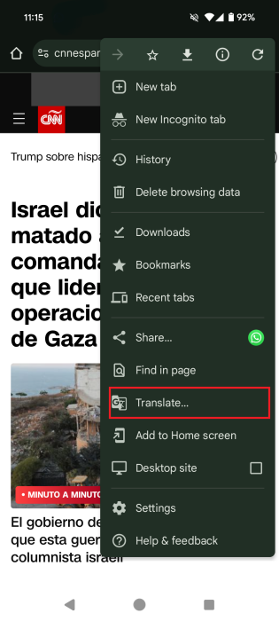 Tapping on the Translate button in Chrome app for Android.