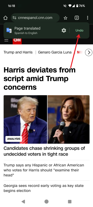 Pressing on "Undo" button in Translate bar in Google Chrome for Android.