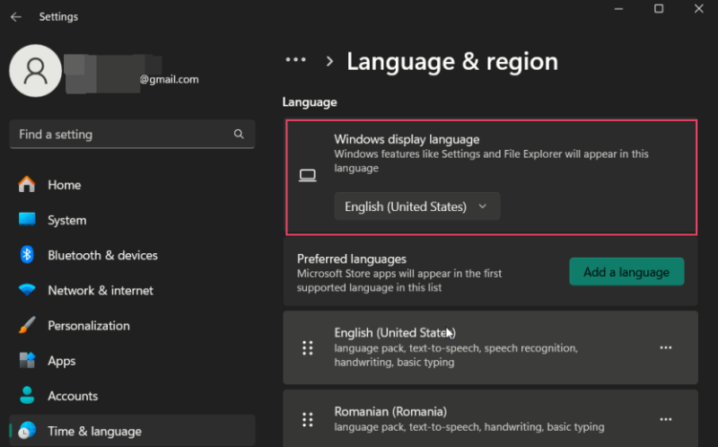 Changing system language on Windows PC.