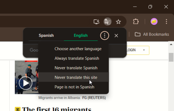 Clicking on "Never translate this site" option in Translate bar in Google Chrome browser on PC.