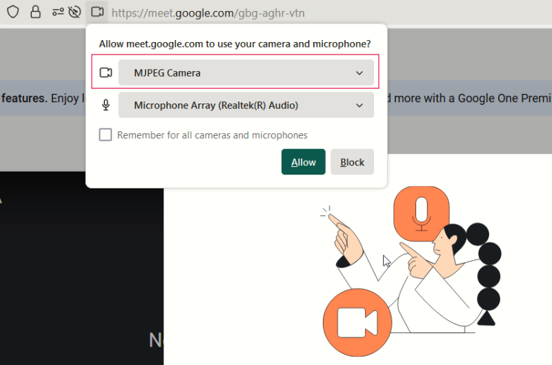 Activating MJPEG Camera in video conferencing app in Windows.