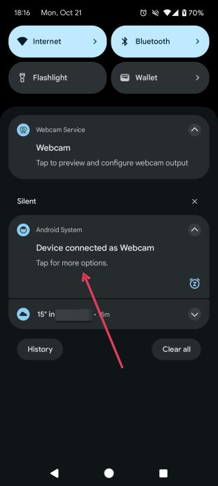 Pressing on "Device connected as Webcam" notification on Pixel device.