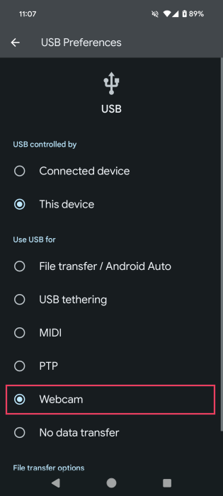 Selecting Webcm in USB Preferences in Android device.