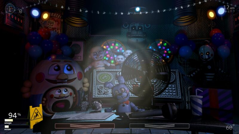A screenshot from the game Ultimate Custom Night, showing a dimlyt lit room with small lights, various toys, and an overall creepy vibe.