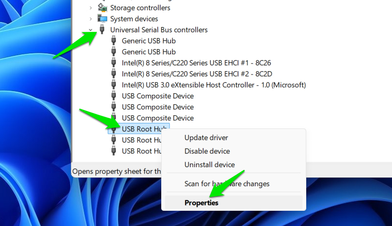USB device context menu in device manager