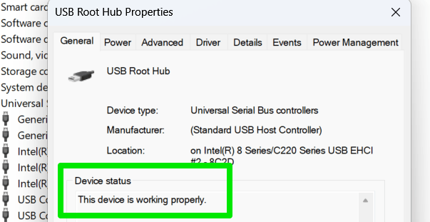 USB properties showing its status